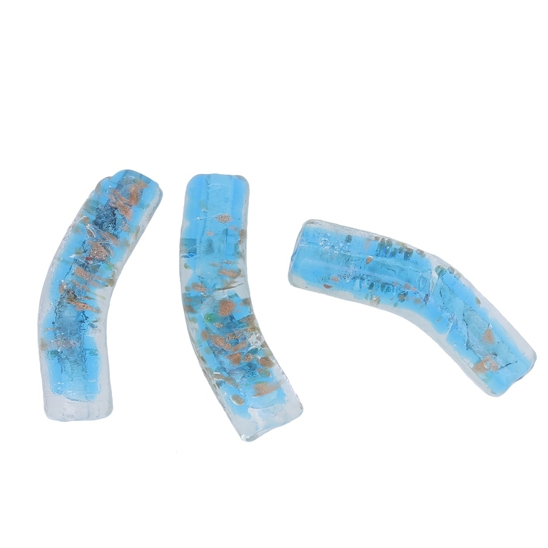 GLASS BEADS - MURANO STYLE - TUBE CURVED WITH SPOTS - TRANSPARENT - 39х10mm WHITE-BLUE SKY-COPPER - 48pcs. Hole:1.5mm