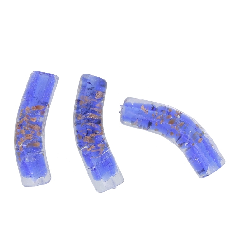 GLASS BEADS - MURANO STYLE - TUBE CURVED WITH SPOTS - TRANSPARENT - 39х10mm WHITE-BLUE (DARK)-COPPER - 48pcs. Hole:1.5mm