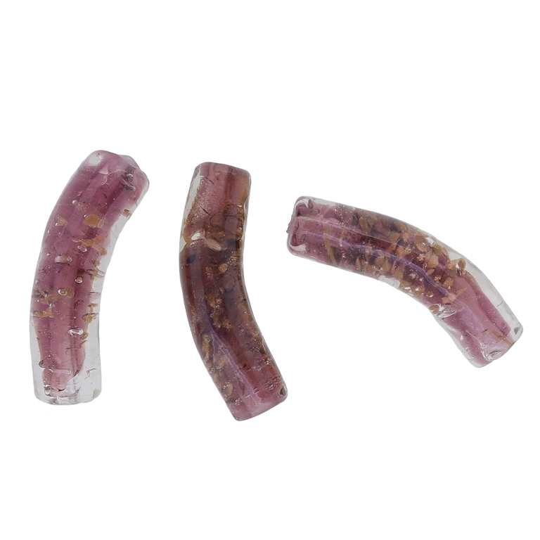 GLASS BEADS - MURANO STYLE - TUBE CURVED WITH SPOTS - TRANSPARENT - 39х10mm WHITE-CYCLAMEN (DARK)-COPPER - 48pcs. Hole:1.5mm