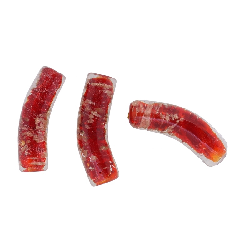 GLASS BEADS - MURANO STYLE - TUBE CURVED WITH SPOTS - TRANSPARENT - 39х10mm WHITE-RED-COPPER - 48pcs. Hole:1.5mm