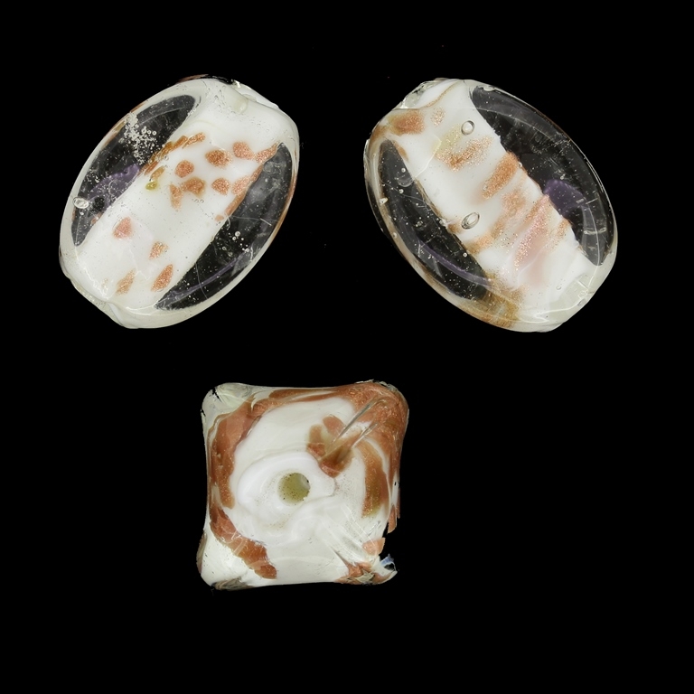 GLASS BEADS - MURANO STYLE - LANTERN WITH WHITE FILLING AND SPOTS - 25х19mm WHITE AND COPPER - 36pcs. Hole:1.5mm