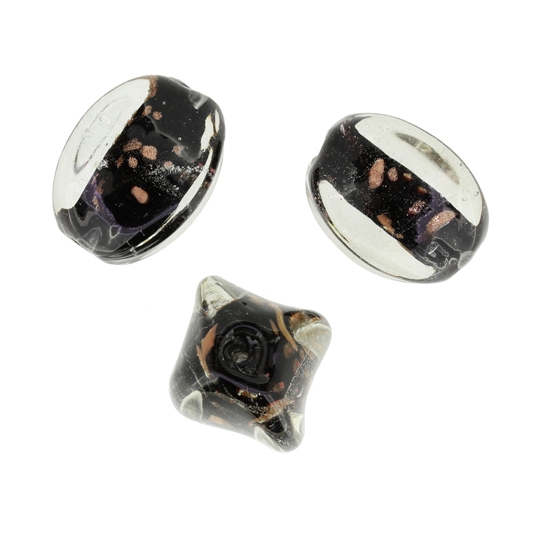 GLASS BEADS - MURANO STYLE - LANTERN WITH BLACK FILLING AND SPOTS - 25х19mm WHITE-BLACK-COPPER - 36pcs. Hole:1.5mm