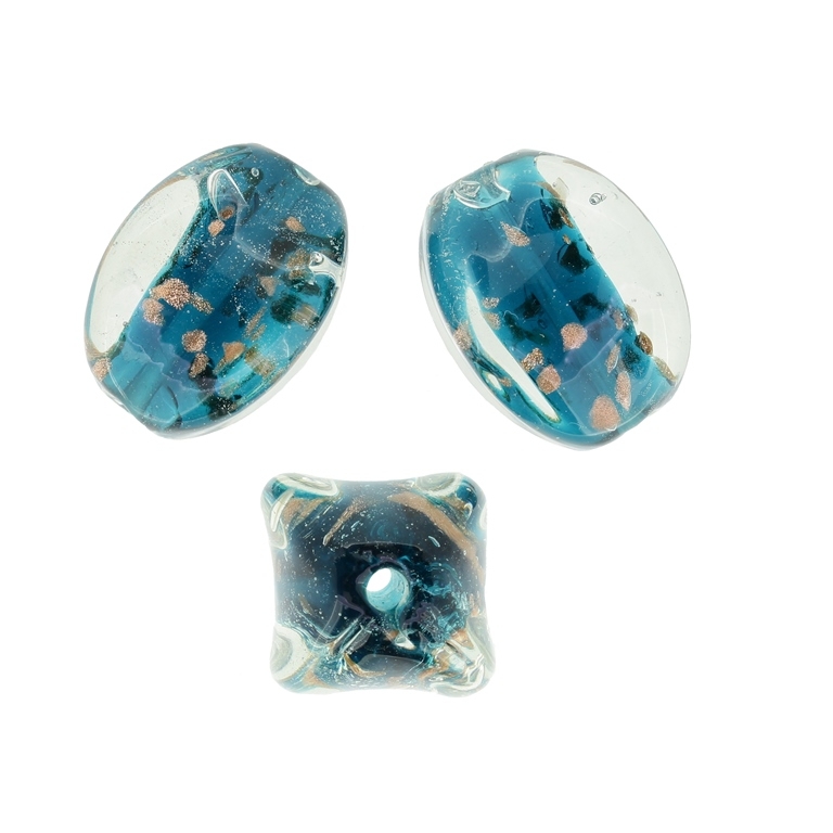 GLASS BEADS - MURANO STYLE - LANTERN WITH COLORFUL FILLING - 25х19mm WHITE-TURQUOISE (DARK)-COPPER - 36pcs. Hole:1.5mm