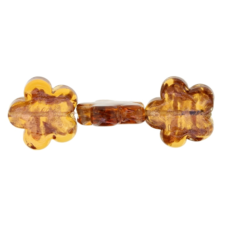 GLASS BEADS - MURANO STYLE - FLOWERS WITH SPOTS - TRANSPARENT - 24х7mm AMBER (DARK) AND COPPER - 48pcs. Hole:1.5mm