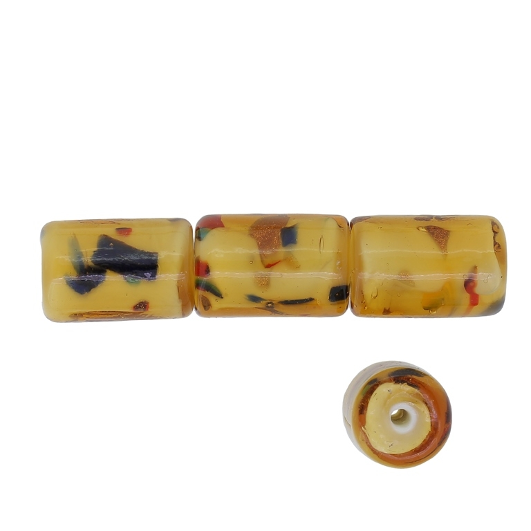 GLASS BEADS - MURANO STYLE - CYLINDER WITH WHITE FILLING AND SPOTS - 18х12mm BROWN AND COLORFUL - 60pcs. Hole:1.5mm