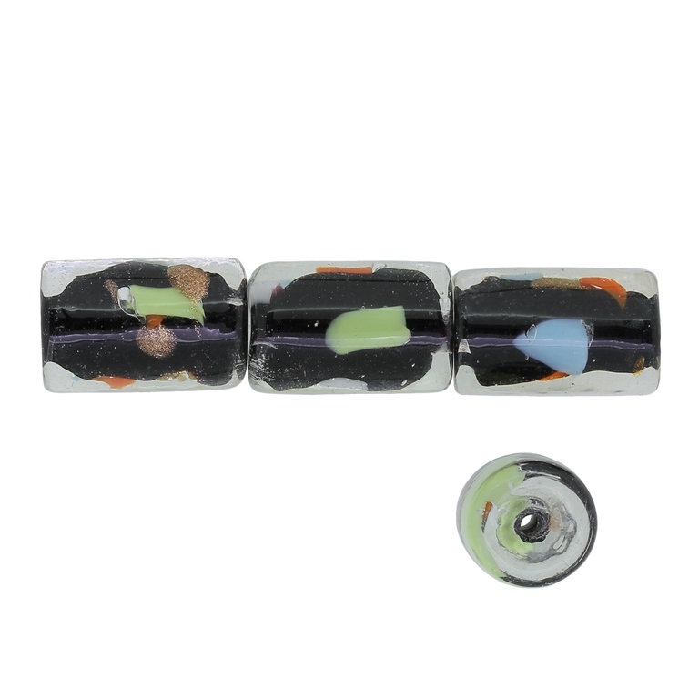 GLASS BEADS - MURANO STYLE - CYLINDER WITH BLACK FILLING AND SPOTS - 18х12mm WHITE-BLACK-COLORFUL - 60pcs. Hole:1.5mm