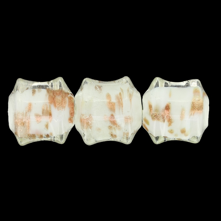 GLASS BEADS - MURANO STYLE - CYLINDER CONCAVED WITH WHITE FILLING WITH SPOTS - 21х21mm WHITE AND COPPER - 36pcs. Hole:1.5mm