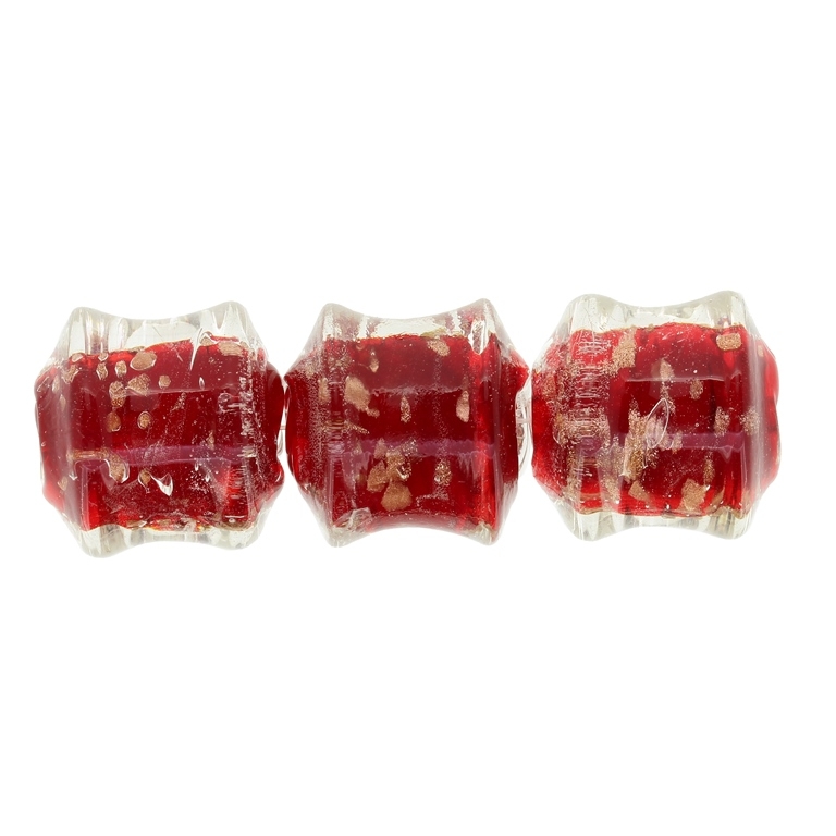 GLASS BEADS - MURANO STYLE - CYLINDER CONCAVED WITH SPOTS - TRANSPARENT - 21х21mm WHITE-RED-COPPER - 36pcs. Hole:1.5mm