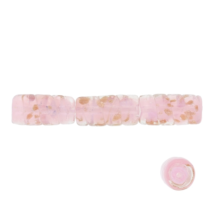 GLASS BEADS - MURANO STYLE - CYLINDER WITH RELIEF SPIRAL - MILKY - 21х11mm PINK AND COPPER - 60pcs. Hole:1.5mm