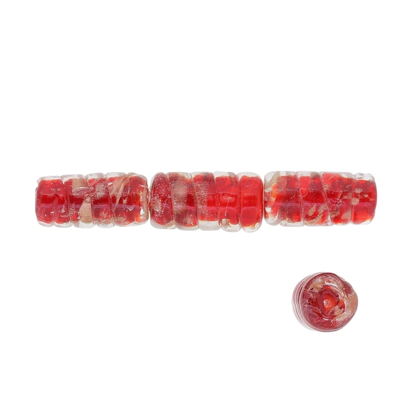 GLASS BEADS - MURANO STYLE - CYLINDER WITH RELIEF SPIRAL - TRANSPARENT - 21х11mm RED AND COPPER - 60pcs. Hole:1.5mm