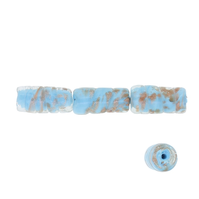 GLASS BEADS - MURANO STYLE - CYLINDER WITH RELIEF SPIRAL - BLUE FILLING - 21х11mm BLUE (LIGHT) AND COPPER - 60pcs. Hole:1.5mm