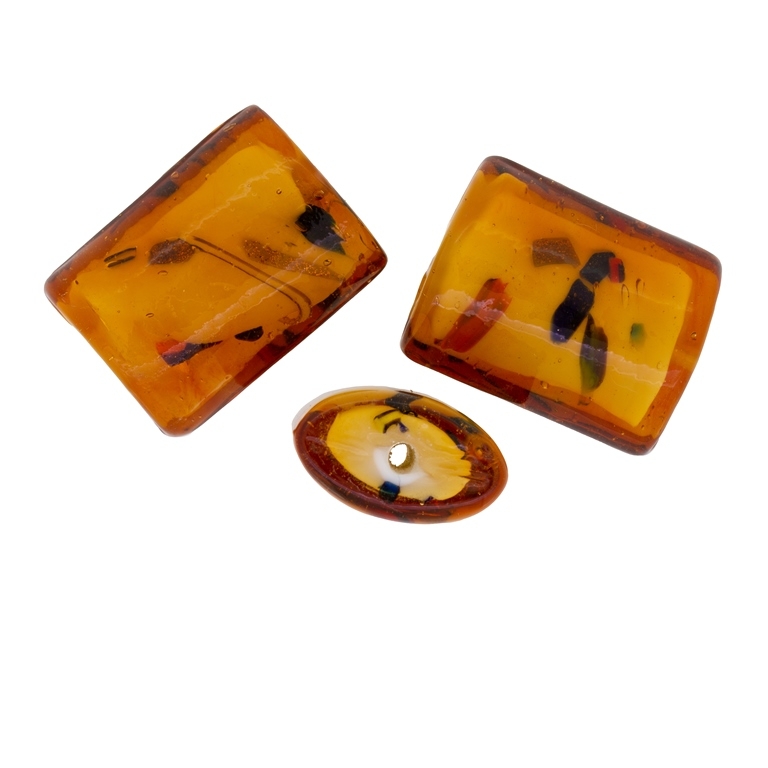 GLASS BEADS - MURANO STYLE - FLAT CYLINDER WITH WHITE FILLING AND SPOTS - 29х22х12mm ORANGE AND COLORFUL - 30pcs. Hole:1.5mm