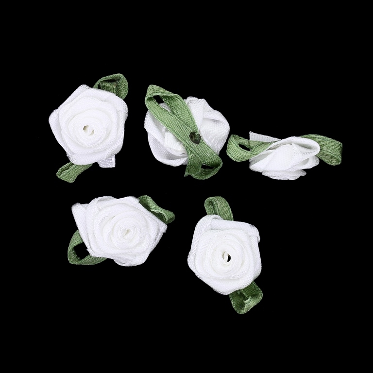 TEXTILE BEADS - SATIN - ROSE WITH LEAVES - 18x7mm WHITE 001 - PACKAGE 500pcs.