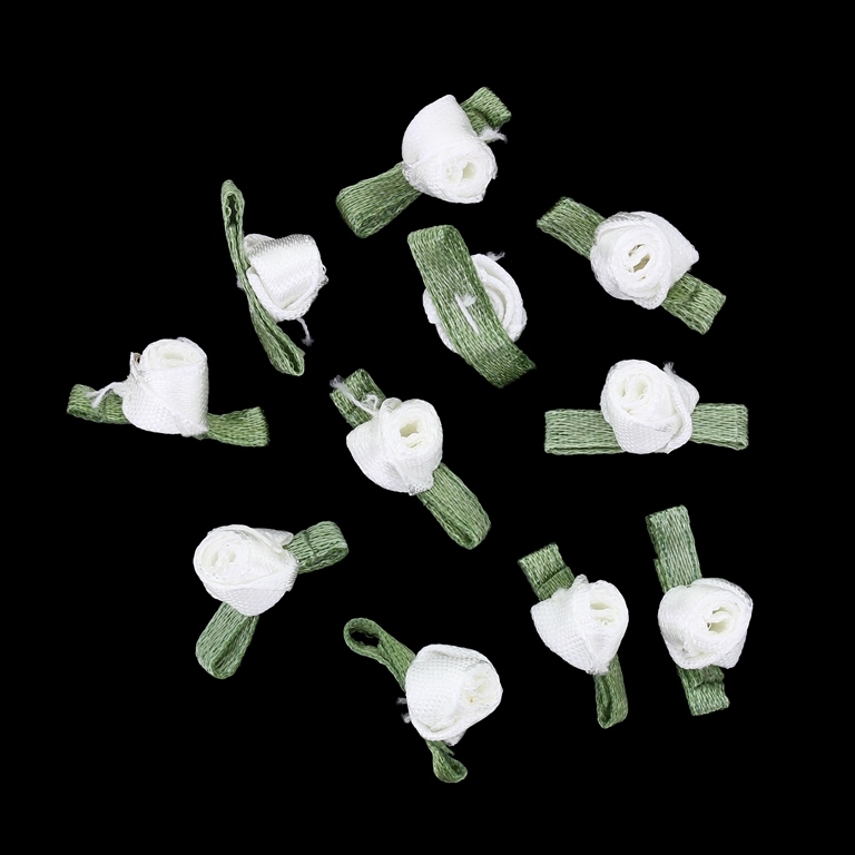 TEXTILE BEADS - SATIN - ROSE 02 WITH LEAVES - 8x8mm WHITE 001 - PACKAGE 1000pcs.