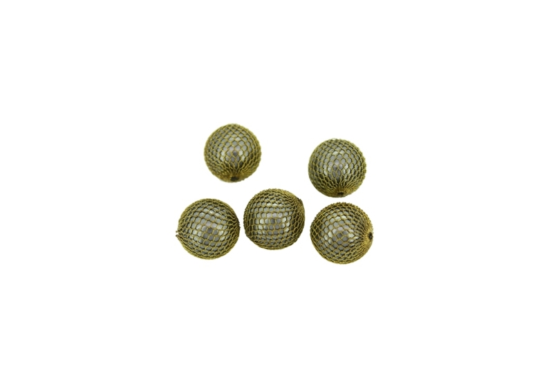 METAL BEADS - WIRE YARN - BRASS MESH WRAPPING WITH WHITE PLASTIC BEADS  - 12 MM ANTIQUE BRONZE - 10pcs. Hole:2.0mm