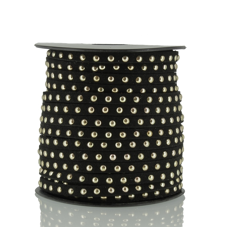 SUEDE CORD FAUX - GOLD STUDDED 1 LINE - 5mm BLACK 1090 - 18meters