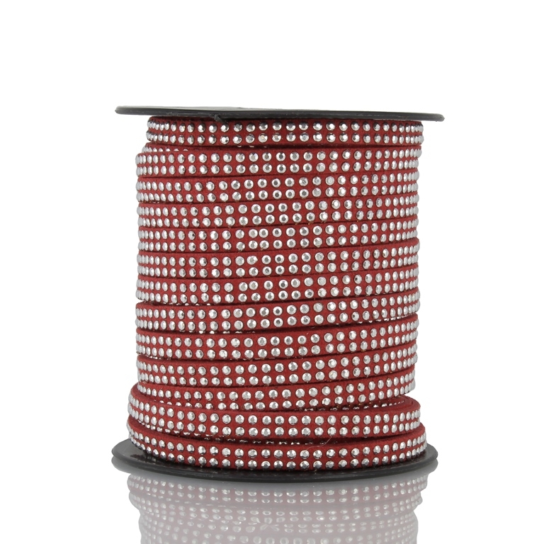 SUEDE CORD FAUX - SILVER STUDDED 2 LINES - 5mm RED 1049 - 2х18meters