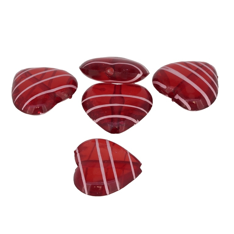 TRANSPARENT PLASTIC BEADS - STRIPE - HEART 01 - 22x24x9mm RED - 50g Hole-2.8mm (18pcs.)