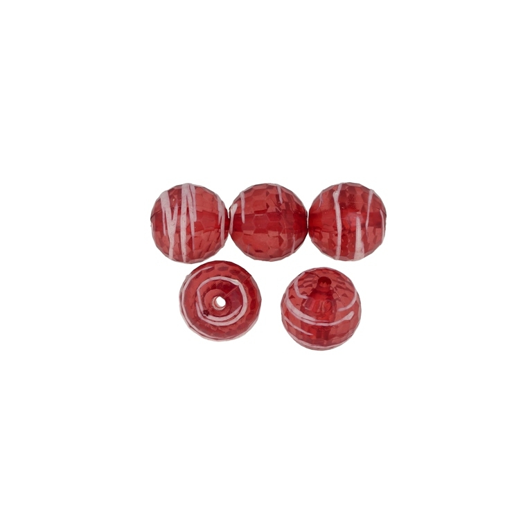 TRANSPARENT PLASTIC BEADS - STRIPE - BALL FACETED 04 - 12mm RED - 50g Hole-2.0mm (51pcs.)