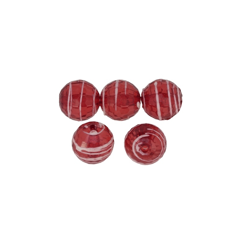 TRANSPARENT PLASTIC BEADS - STRIPE - BALL FACETED 04 - 14mm RED - 50g Hole-2.3mm (32pcs.)