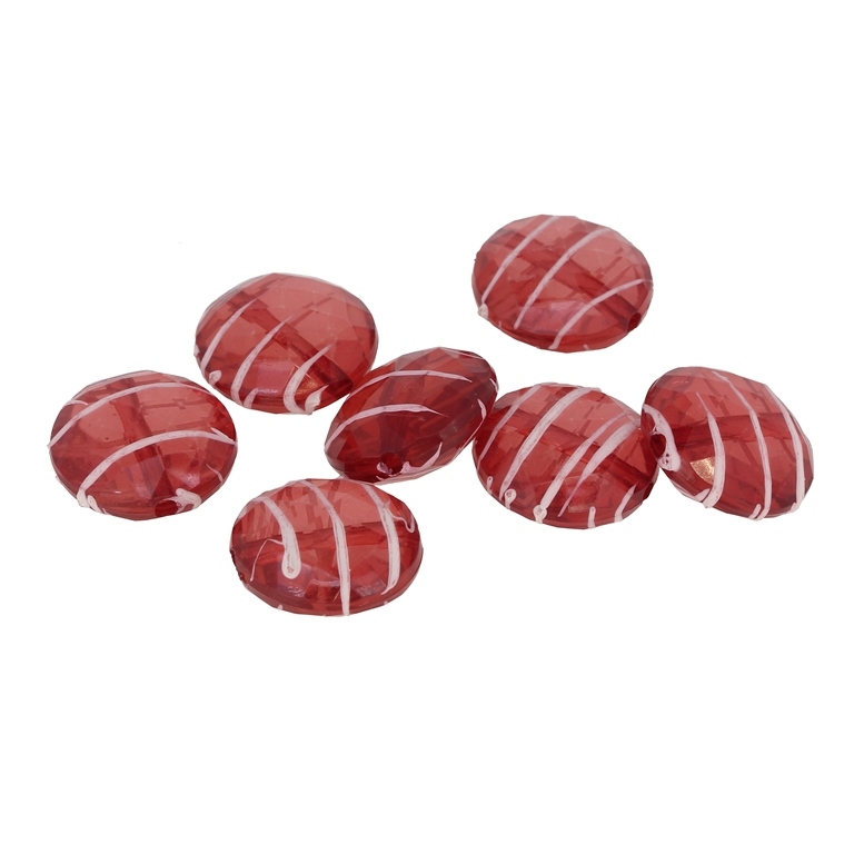 TRANSPARENT PLASTIC BEADS - STRIPE - FLAT ROUND FACETED - 17x9mm RED - 50g Hole-2.3mm (32pcs.)