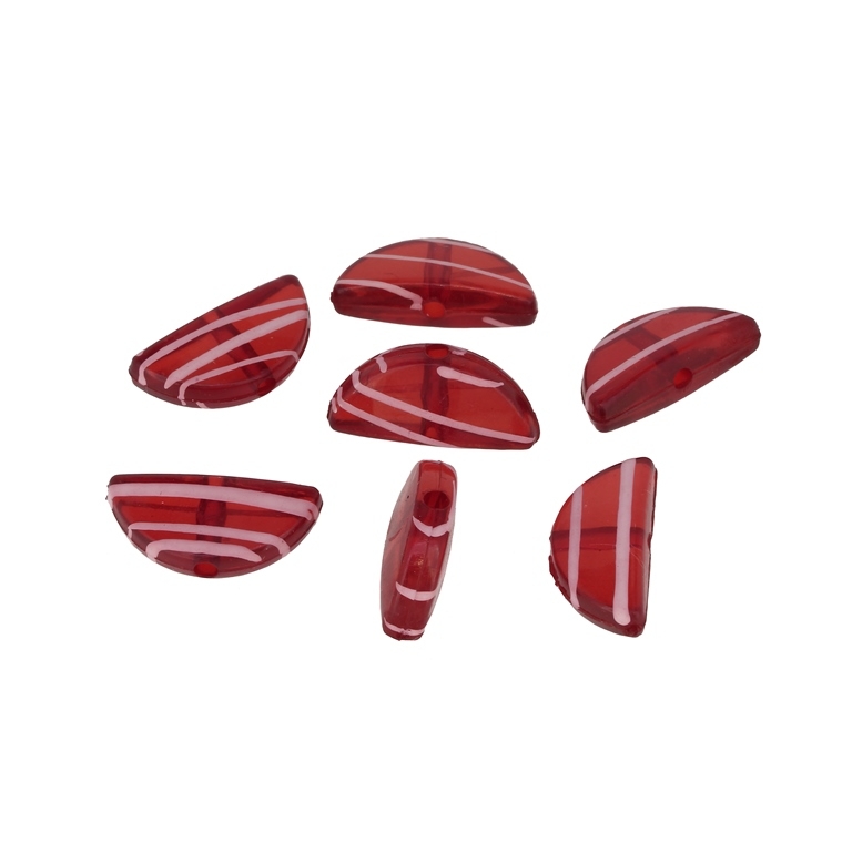 TRANSPARENT PLASTIC BEADS - STRIPE - SEMI-CIRCLE - 9x20x6mm RED - 50g Hole-2.3mm (75pcs.)