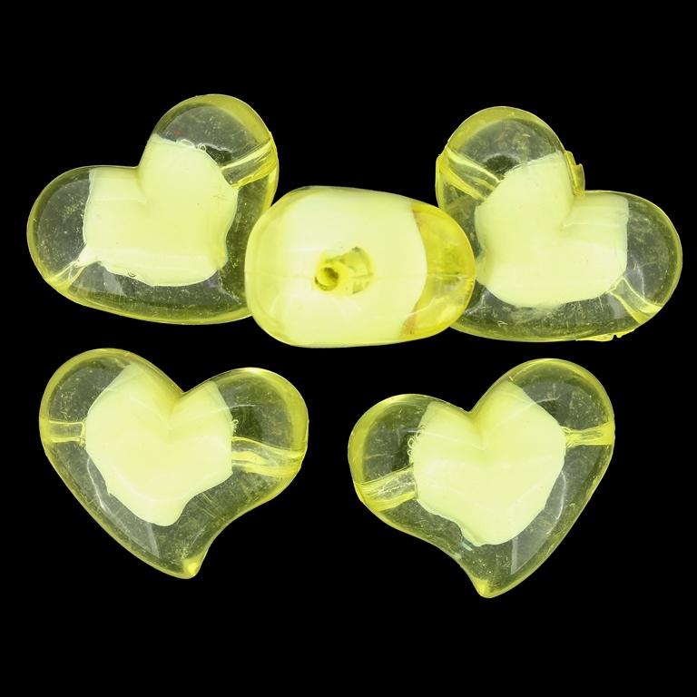 ACRYLIC BEADS BEAD IN BEAD - HEART 11 - 35x28x20mm YELLOW - 500 g Hole-3.8mm (46 pcs.)