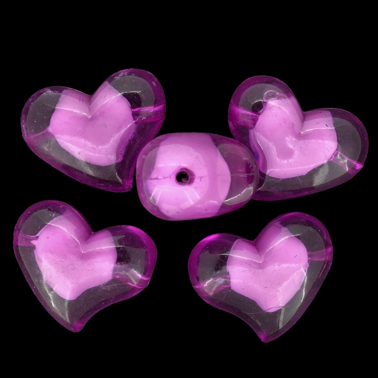 ACRYLIC BEADS BEAD IN BEAD - HEART 11 - 35x28x20mm CYCLAMEN PURPLE (DARK) - 500 g Hole-3.8mm (46 pcs.)