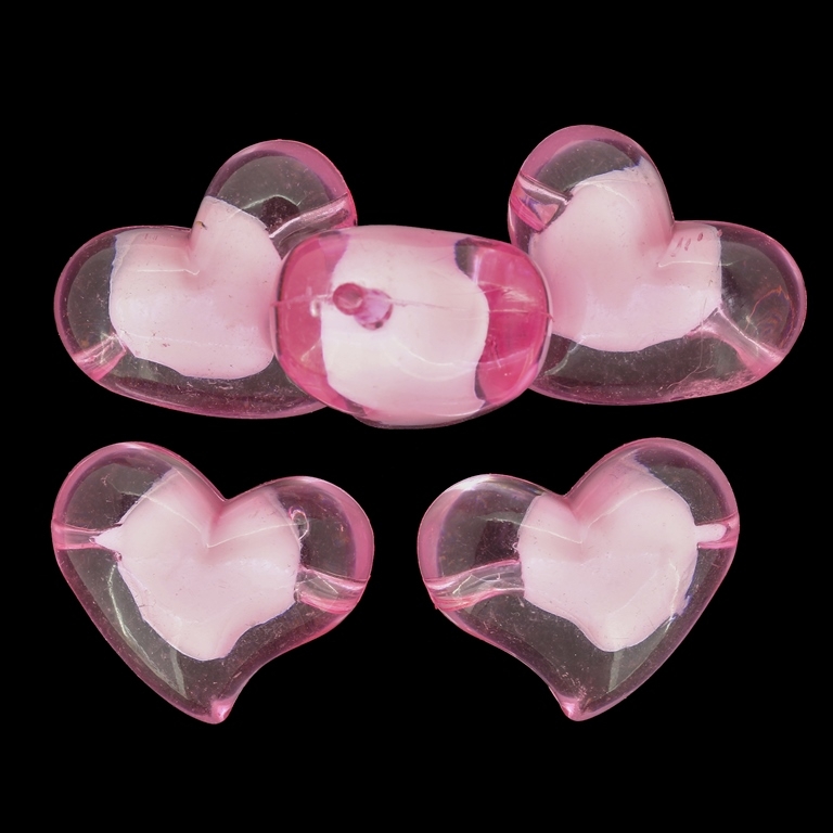 ACRYLIC BEADS BEAD IN BEAD - HEART 11 - 35x28x20mm PINK - 500 g Hole-3.8mm (46 pcs.)