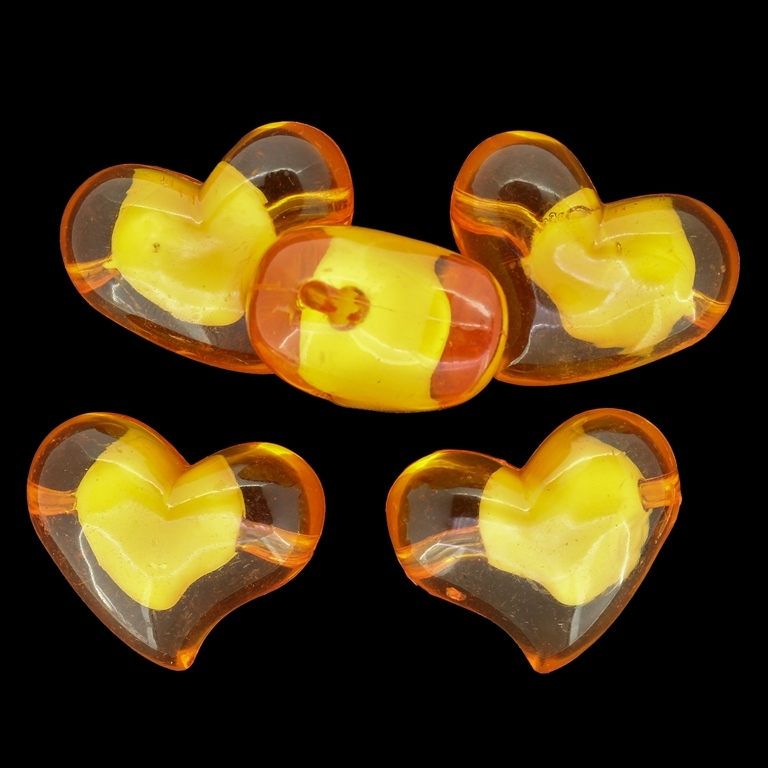 ACRYLIC BEADS BEAD IN BEAD - HEART 11 - 35x28x20mm ORANGE - 500 g Hole-3.8mm (46 pcs.)