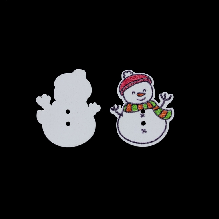 WOODEN FIGURES - CHRISTMAS - BUTTON TYPE - SNOWMAN 01 - 26x32x2mm WHITE - PACKAGE 100pcs. Hole-2x2.0mm