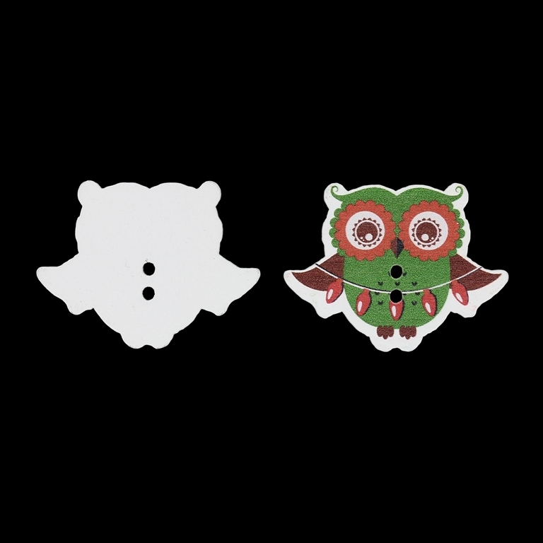 WOODEN FIGURES - CHRISTMAS - BUTTON TYPE - OWL 03 - 37x28x2mm GREEN - 10 pcs. Hole-2x2.0mm