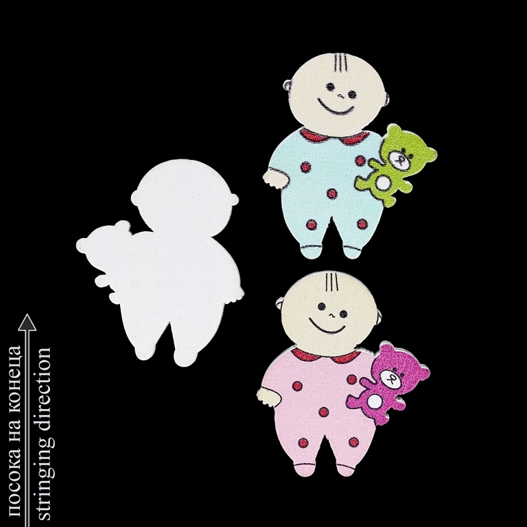 WOODEN FIGURES - BABIES - BABY 02 - 30x35x5mm PINK AND BLUE - PACKAGE 50pcs. Hole-2.0mm