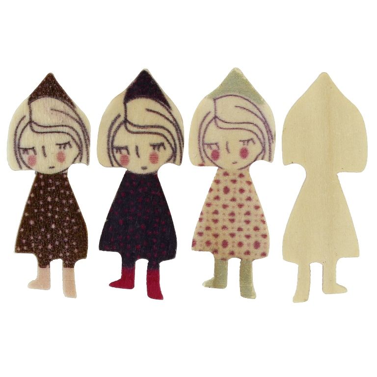 ДЪРВЕНИ МЪНИСТА ЗА ЗАЛЕПВАНЕ - МОМИЧЕ 02 - 35х13х3мм - МИКС РОКЛИ - ПАКЕТ 200 бр.