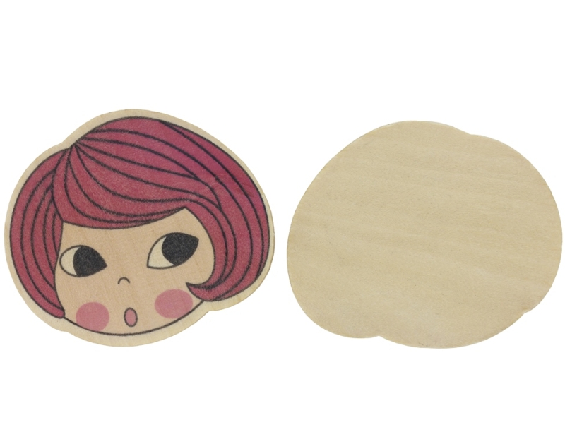 WOODEN BEADS FOR ADHESION - GIRL 13 HEAD - 54x47x3mm PINK HAIR - 50 pcs.