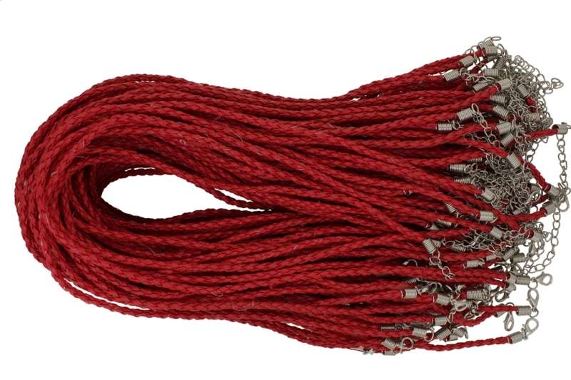 NECKLACE WITH CLASP - BRAIDED LEATHER 3mm - NECKLACE - 45+5cm RED 12 - 100pcs.