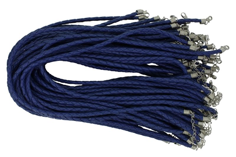 NECKLACE WITH CLASP - BRAIDED LEATHER 5mm - NECKLACE - 45+5cm BLUE (DARK) 24 - 50pcs.