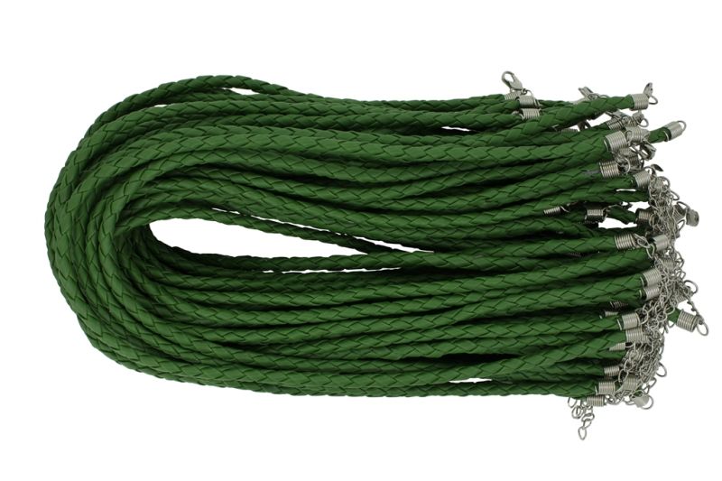 NECKLACE WITH CLASP - BRAIDED LEATHER 5mm - NECKLACE - 45+5cm GREEN MILITARY 36 - 50pcs.
