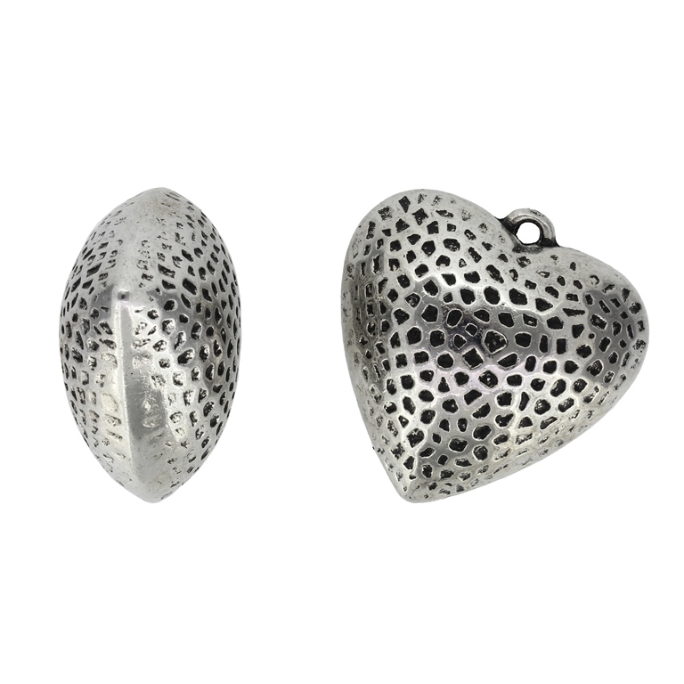 METAL PLATED PLASTIC / CCB PENDANTS - HEART RELIEF 01 - 41x41x23mm NICKEL WITH OXIDIZED - PACKAGE 500g Hole-3.0mm (30pcs.)