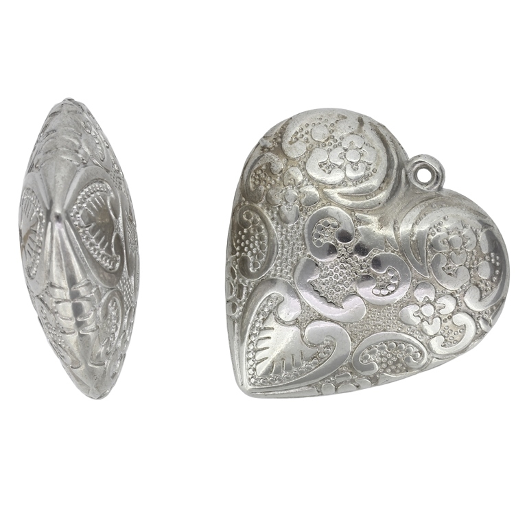 METAL PLATED PLASTIC / CCB PENDANTS - HEART RELIEF 04 - 50x51x19mm NICKEL - 50g Hole-2.5mm (2pcs.)