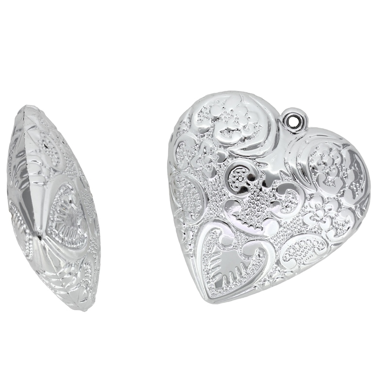 METAL PLATED PLASTIC / CCB PENDANTS - HEART RELIEF 04 - 50x51x19mm SILVER - PACKAGE 500g Hole-2.5mm (24pcs.)