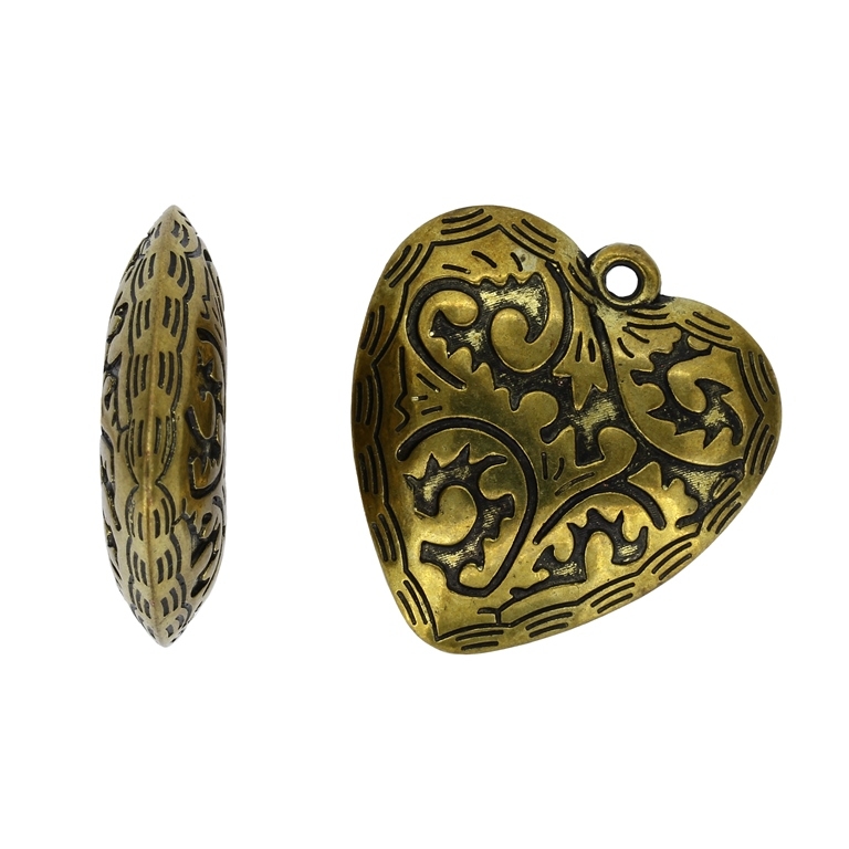 METAL PLATED PLASTIC / CCB PENDANTS - HEART RELIEF 05 - 40x42x11mm ANTIQUE BRONZE - PACKAGE 500g Hole-3.5mm (55pcs.)