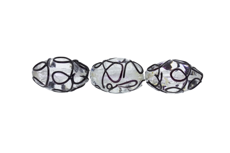 GLASS BEADS - MURANO STYLE - ELLIPSE WITH SILVER FILLING - RELIEF - 24х16mm WHITE AND BLACK - 12pcs. Hole:1.5mm