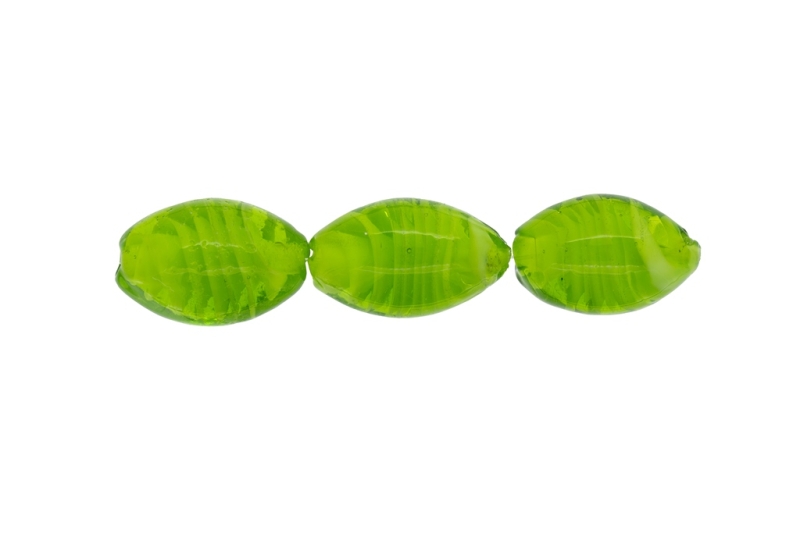 GLASS BEADS - MURANO STYLE - ELLIPSE WITH SPIRAL FILLING - 24х16mm GREEN AND WHITE - 12pcs. Hole:1.5mm