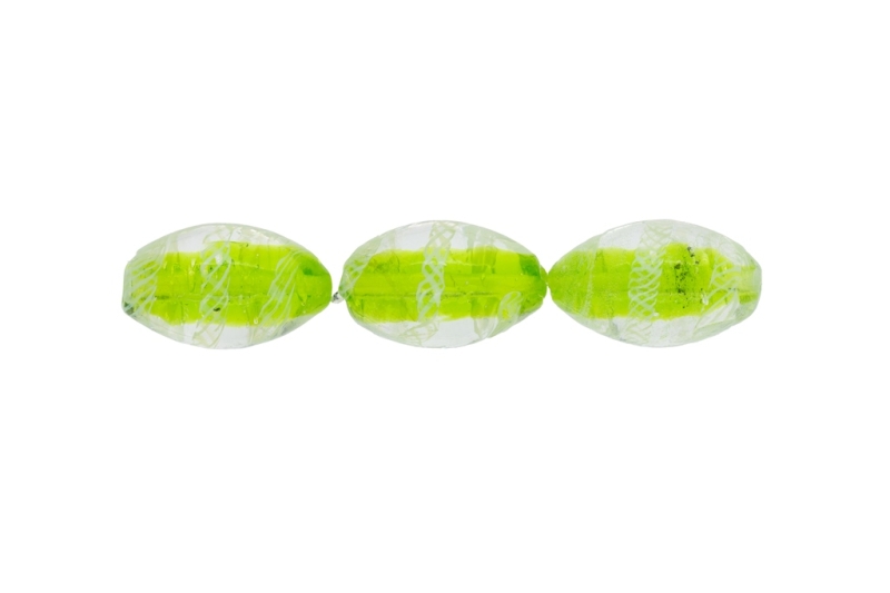 GLASS BEADS - MURANO STYLE - ELLIPSE WITH SPIRAL - TRANSPARENT - 24х16mm WHITE AND GREEN (LIGHT) - 12pcs. Hole:1.5mm