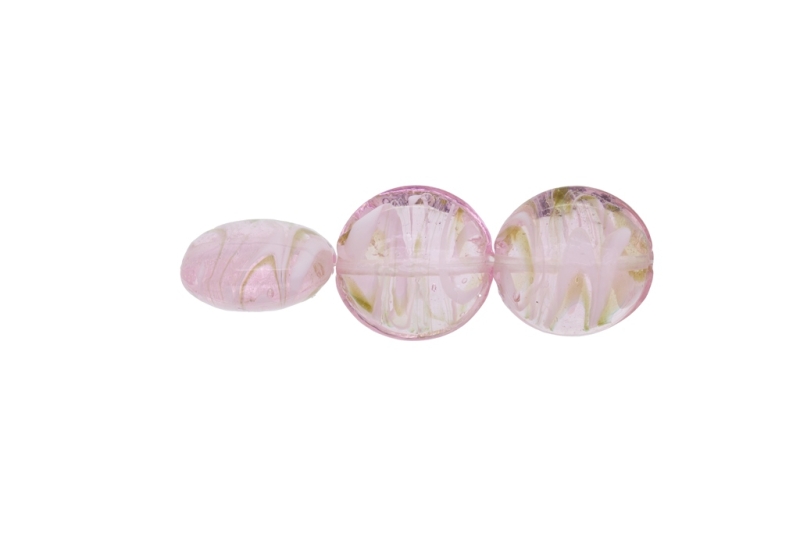 GLASS BEADS - MURANO STYLE - BONIBON WITH STRIPES 02 - TRANSPARENT - 20х10mm PINK (LIGHT)-WHITE-GOLD - 20pcs. Hole:1.5mm