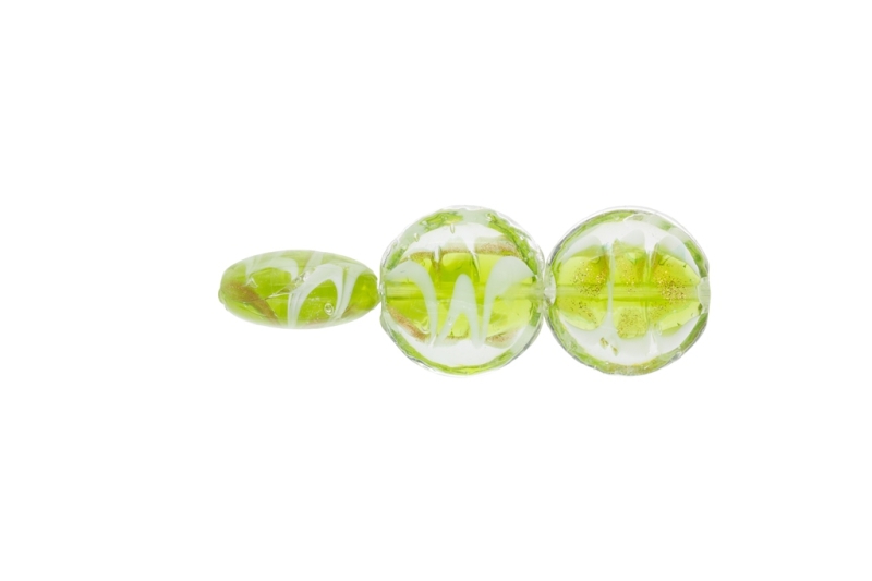 GLASS BEADS - MURANO STYLE - BONIBON WITH STRIPES - TRANSPARENT - 20х10mm GREEN (LIGHT)-WHITE-GOLD - 20pcs. Hole:1.5mm