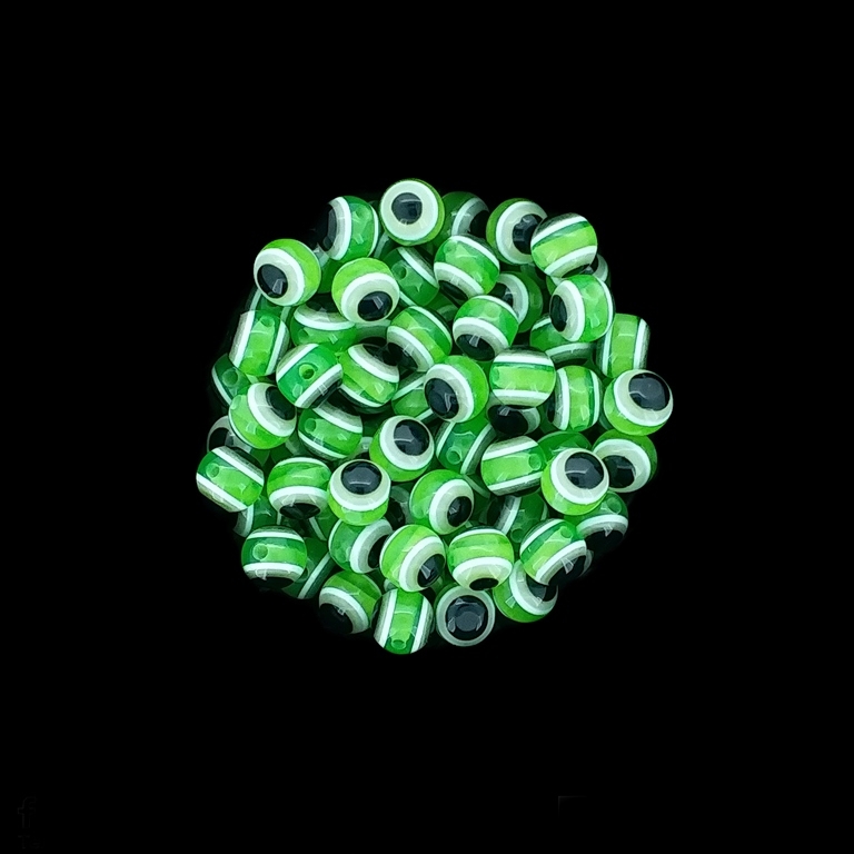 RESIN PLASTIC BEADS - BALL WITH EVIL EYE - 8mm GREEN - 50pcs. Hole:1.8mm