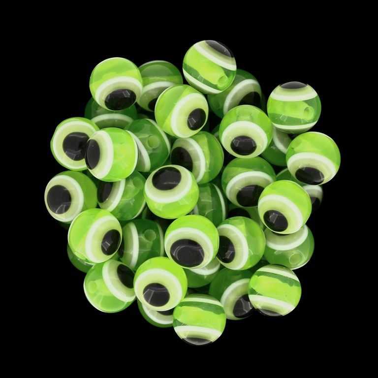RESIN PLASTIC BEADS - BALL WITH EVIL EYE - 10mm GREEN - PACKAGE 1000pcs. Hole:2.0mm