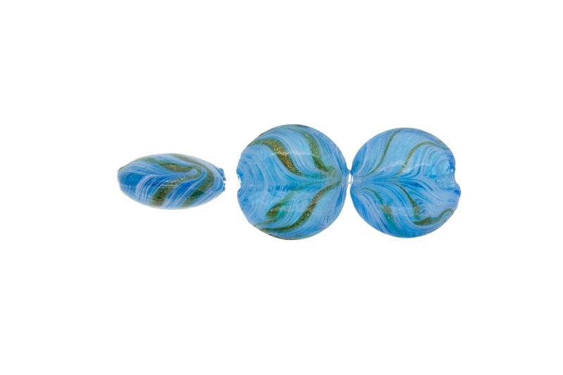 GLASS BEADS - MURANO STYLE - BONIBON WITH STRIPES - TRANSPARENT - 20х10mm BLUE-WHITE-GOLD - 20pcs. Hole:1.5mm